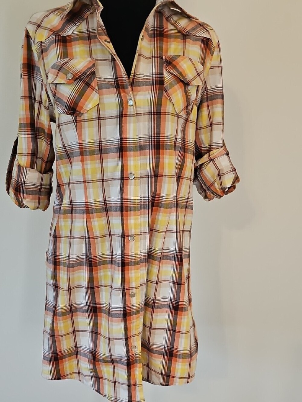 JAK Plaid Button-Front Shirt Dress in Yellow and Brown Made In USA Size Small - Picture 9 of 11